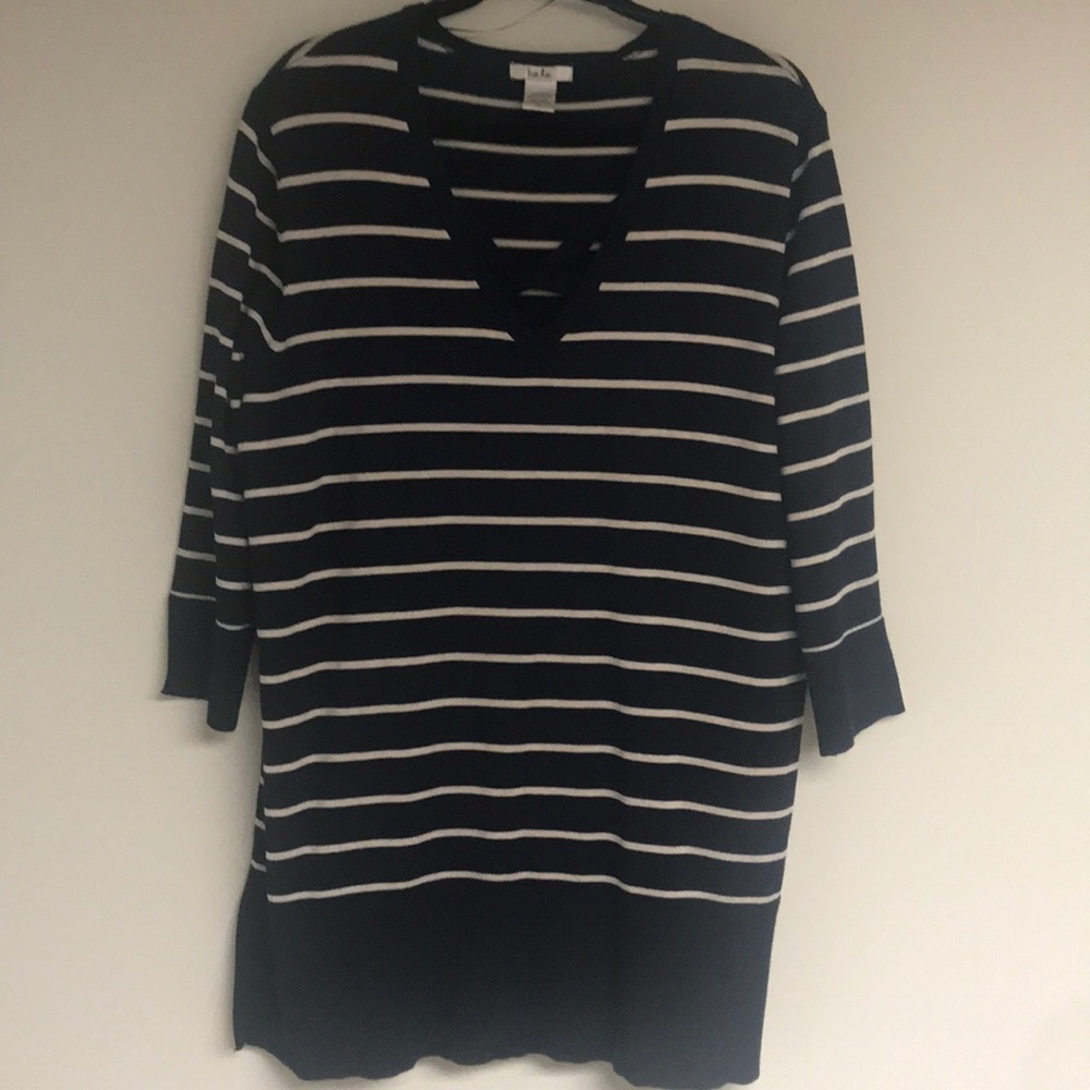 Isela Navy with Tan Stripes Lightweight Knit‎ Sweater Size XXL Like New